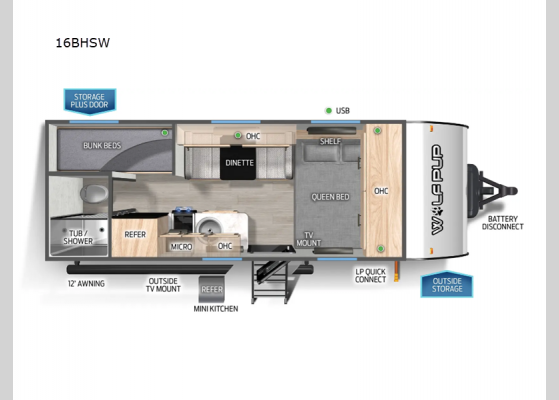 Floorplan - 2025 Cherokee Wolf Pup 16BHSW Travel Trailer