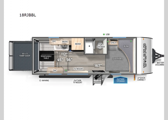 Floorplan - 2025 Cherokee Wolf Pup Black Label 18RJBBL Toy Hauler Travel Trailer