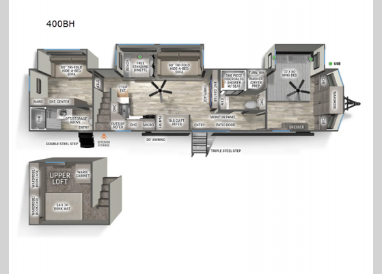 Floorplan - 2025 Sandpiper Destination Trailers 400BH Destination Trailer