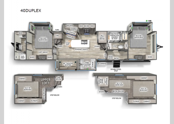 Floorplan - 2025 Sandpiper Destination Trailers 40DUPLEX Destination Trailer