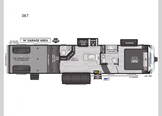 Floorplan - 2025 Fuzion Impact Edition 367 Toy Hauler Fifth Wheel