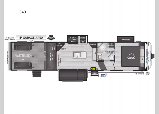 Floorplan - 2025 Fuzion Impact Edition 343 Toy Hauler Fifth Wheel