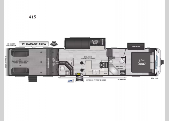 Floorplan - 2025 Fuzion Impact Edition 415 Toy Hauler Fifth Wheel