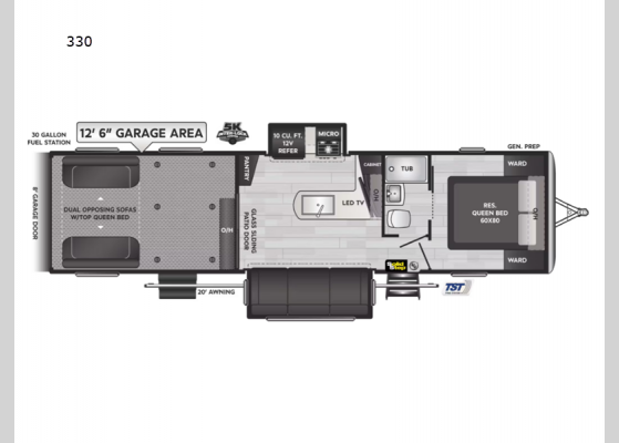 Floorplan - 2025 Fuzion Impact Edition 330 Toy Hauler Travel Trailer