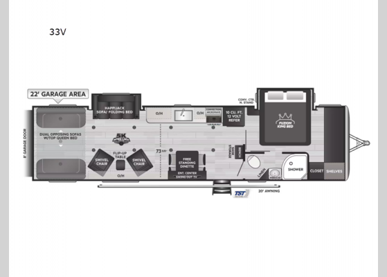 Floorplan - 2025 Fuzion Impact Edition 33V Toy Hauler Travel Trailer