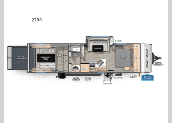 Floorplan - 2025 Cherokee Grey Wolf 27RR Toy Hauler Travel Trailer