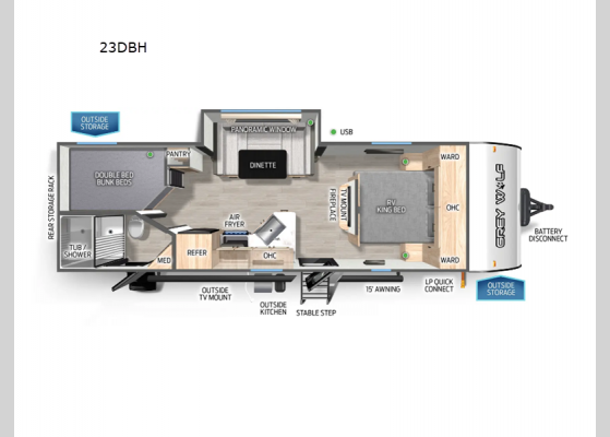 Floorplan - 2025 Cherokee Grey Wolf 23DBH Travel Trailer