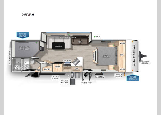 Floorplan - 2025 Cherokee Grey Wolf 26DBH Travel Trailer