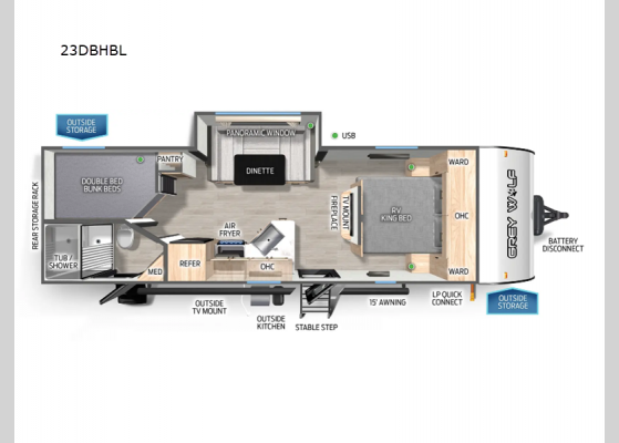 Floorplan - 2025 Cherokee Grey Wolf Black Label 23DBHBL Travel Trailer