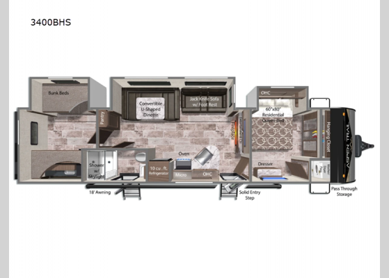 Floorplan - 2025 Aspen Trail 3400BHS Travel Trailer