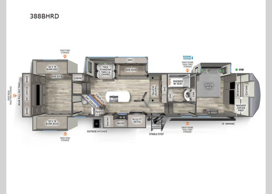 Floorplan - 2024 Sandpiper Luxury 388BHRD Fifth Wheel