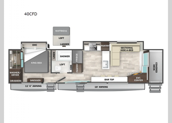 Floorplan - 2025 Cedar Creek Cottage 40CFD Destination Trailer