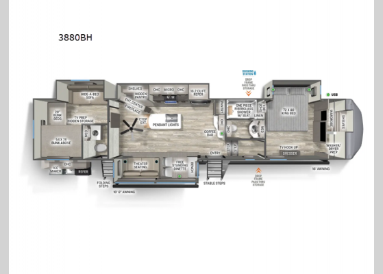 Floorplan - 2025 Sandpiper 3880BH Fifth Wheel