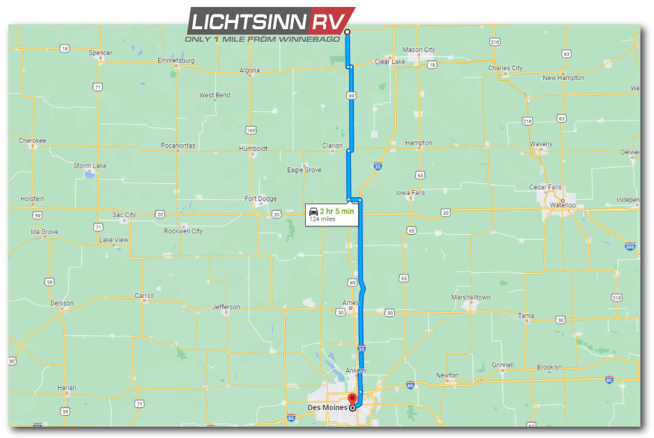 Map to Lichtsinn RV from Cedar Falls, Iowa