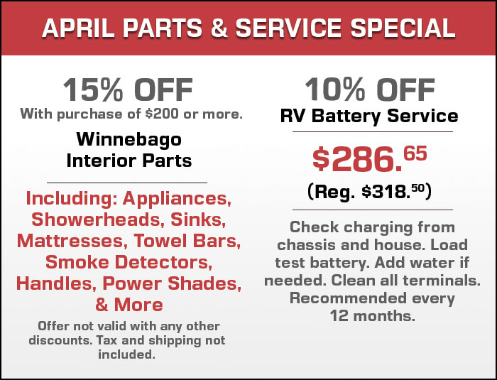 15% Off Winnebago Interior Parts with $200 or more purchase and 10% RV Battery Service