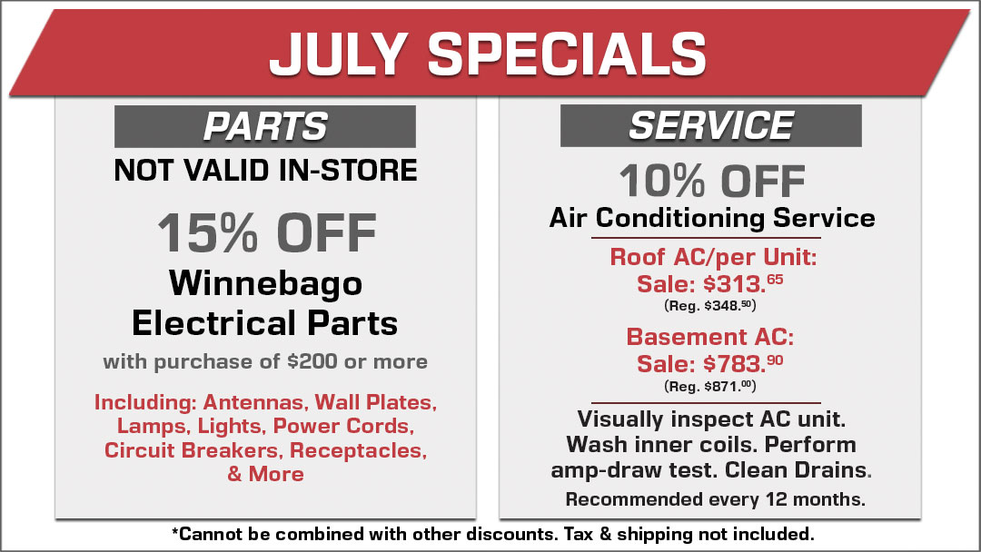 15% Off Winnebago Electrical Parts with $200 or more purchase and 10% Off Air Conditioning Service