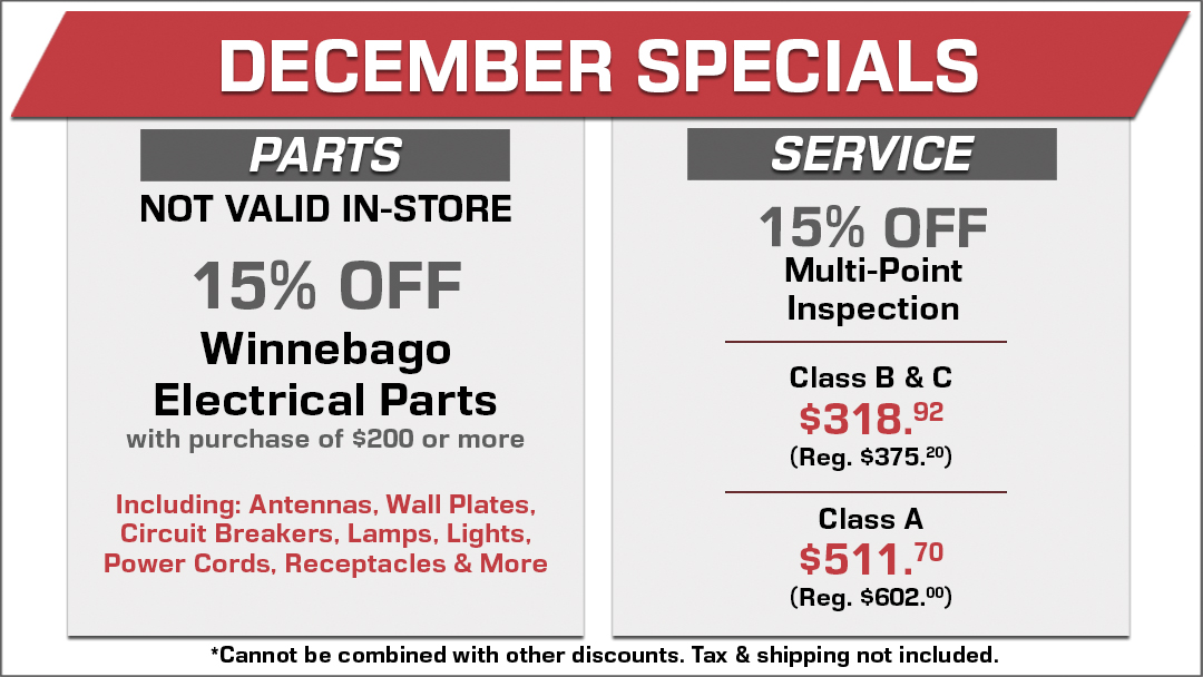 15% Off Winnebago Electrical Parts with $200 or more purchase and 15% Off Multi-Point Inspection