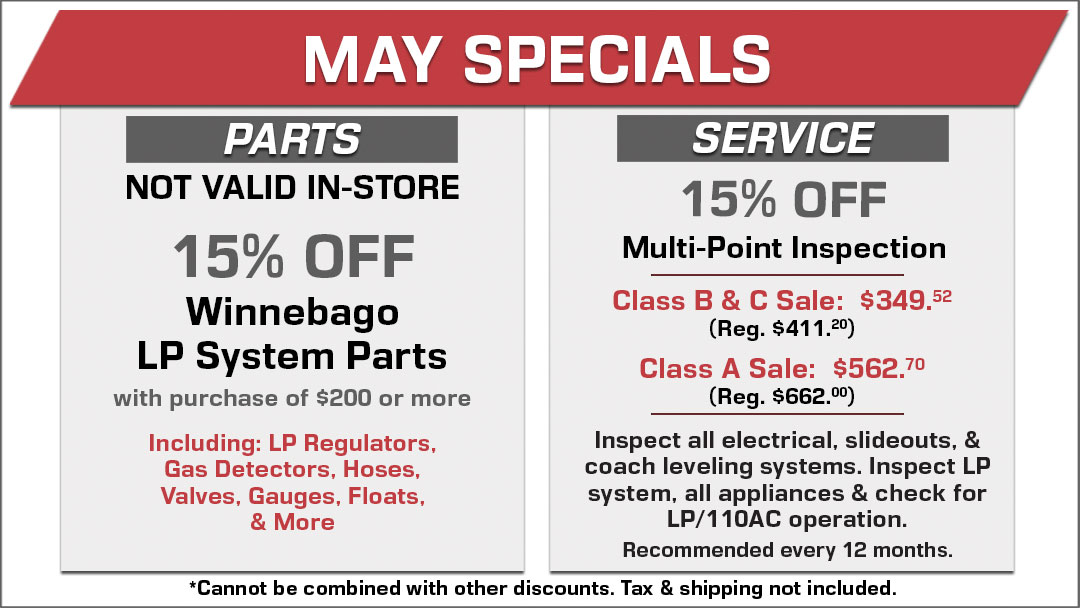 15% Off Winnebago LP System Parts with $200 or more purchase and 15% Off Multi-Point Inspection