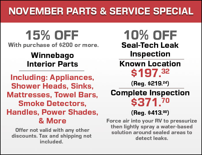 15% Off Winnebago Interior Parts with $200 or more purchase and 10% Off Seal-Tech Leak Inspection