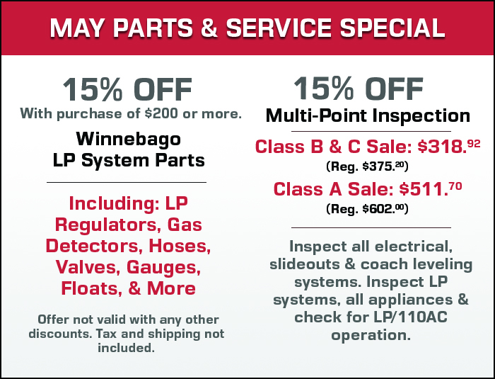 15% Off Winnebago LP Systeme Parts with $200 or more purchase and 15% Multi-Point Inspection