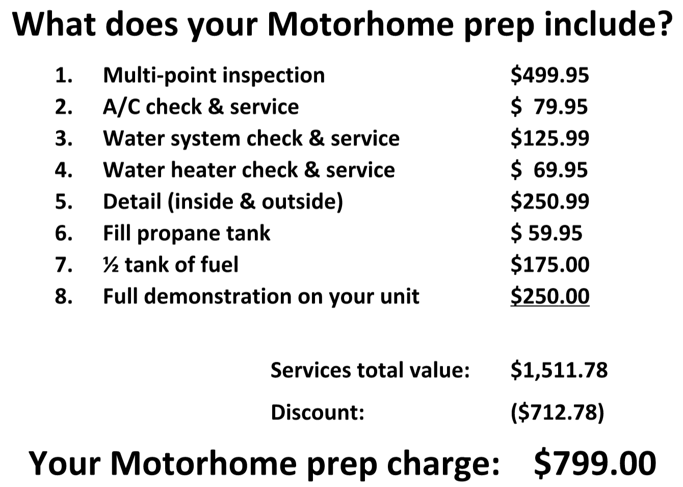 prep fees motorhome