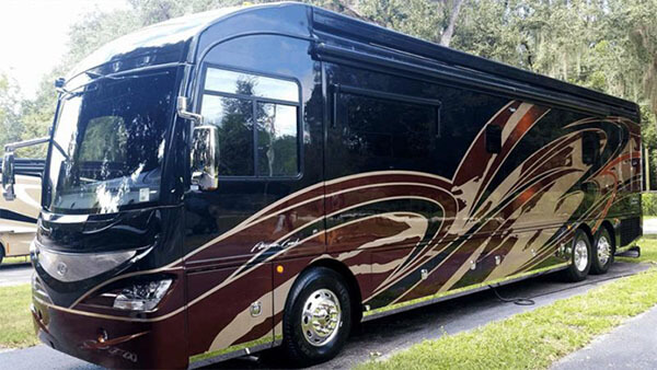 RV exterior with stainless steel trim