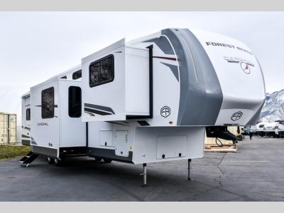 Angled front view of 2025 Forest River Cardinal 35FL fifth wheel at Motor Sportsland