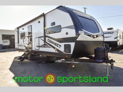 Front view of 2025 KZ Connect C282FKK travel trailer with dual propane tanks and power jack