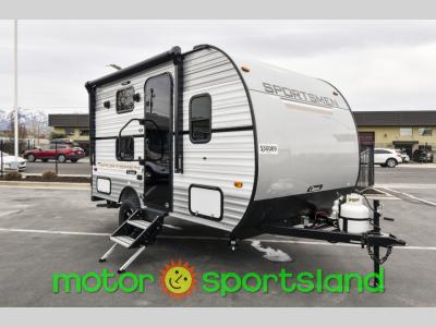 Front angle of 2025 KZ Sportsmen Classic 130BH travel trailer with stabilizer jacks