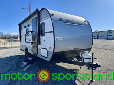 Front angle of 2025 KZ Sportsmen 180BH with angled siding and front window