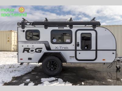 Side view of X-Trek edition trailer with rugged wheels and roof rack