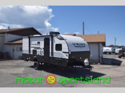 Front angle view of 2024 Viking 18DBS travel trailer with side awning closed