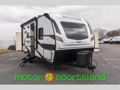 Front angle of 2025 KZ Connect Mini CM181RB travel trailer with LED-lit front cap