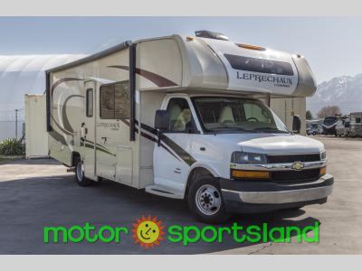 Front exterior view of the 2018 Coachmen Leprechaun 260DS Class C motorhome with Chevy 4500 chassis.