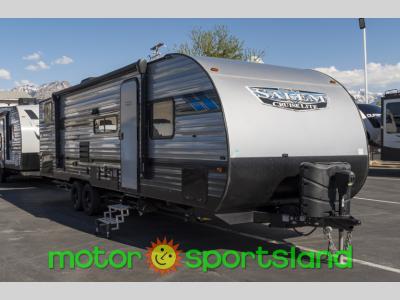 Front angle of 2022 Salem Cruise Lite 282QBXL with black trim and power jack