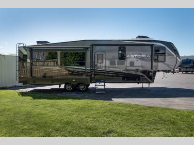Side profile view with slide-out and entry steps and door.