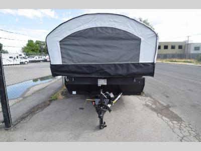 Front view with extended tent bed and hitch components