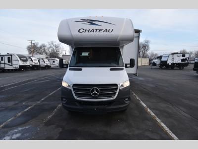 Front exterior close-up of Chateau 24LT showcasing the Mercedes-Benz grille and LED headlamps.