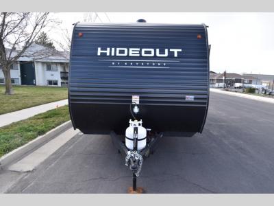 Straight-on front view with propane tank and tongue jack