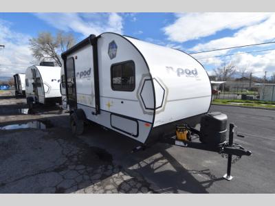 Front corner view of 2024 R-Pod RP-190C travel trailer with dual propane setup