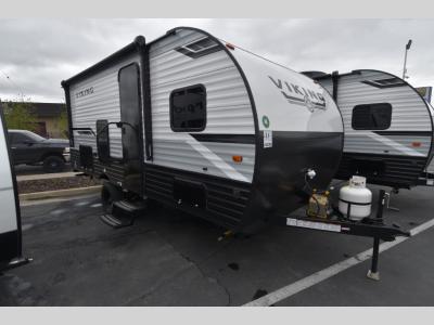 Passenger side front view of 2024 Viking 182DBU travel trailer for sale