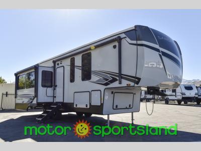 Front three-quarter view of 2024 Forest River Sandpiper 3370RLS fifth wheel for sale