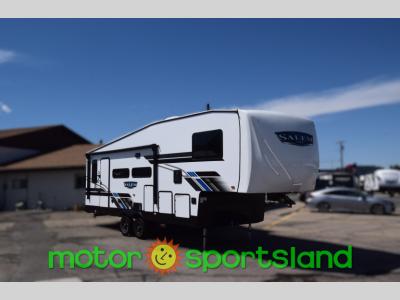 Angled front view of 2024 Forest River Salem 255RD fifth wheel with dual-tone front cap