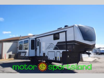 Front angle of 2024 Heartland Big Country 3500SS fifth wheel with dual awnings
