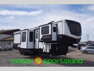Front angle of 2024 Heartland Big Country 3905FL fifth wheel with elevated nose cap