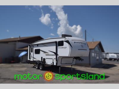Angled front view of 2024 Shasta Phoenix Lite 235RK fifth wheel at dealership