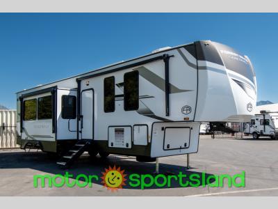 Angled front view of 2025 Forest River RV Sandpiper 4002FB fifth wheel at Motor Sportsland