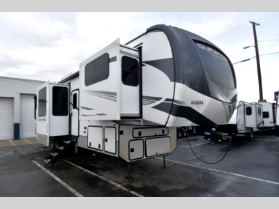 Angled front view of 2024 KZ Durango Gold G386FLF fifth wheel at Motor Sportsland