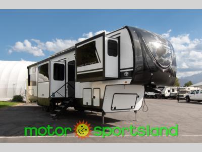Angled front view of 2025 Forest River RV Ahara 380FL fifth wheel at Motor Sportsland