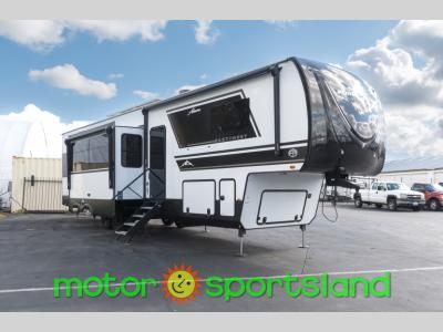 Angled front view of 2025 Forest River RV Ahara 390DS fifth wheel at Motor Sportsland